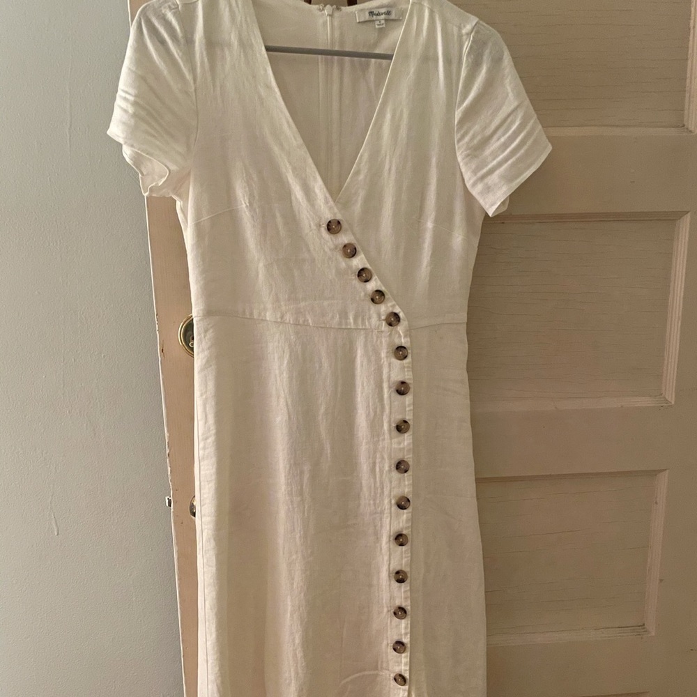 Madewell Linen Blend Button Wrap Midi Dress